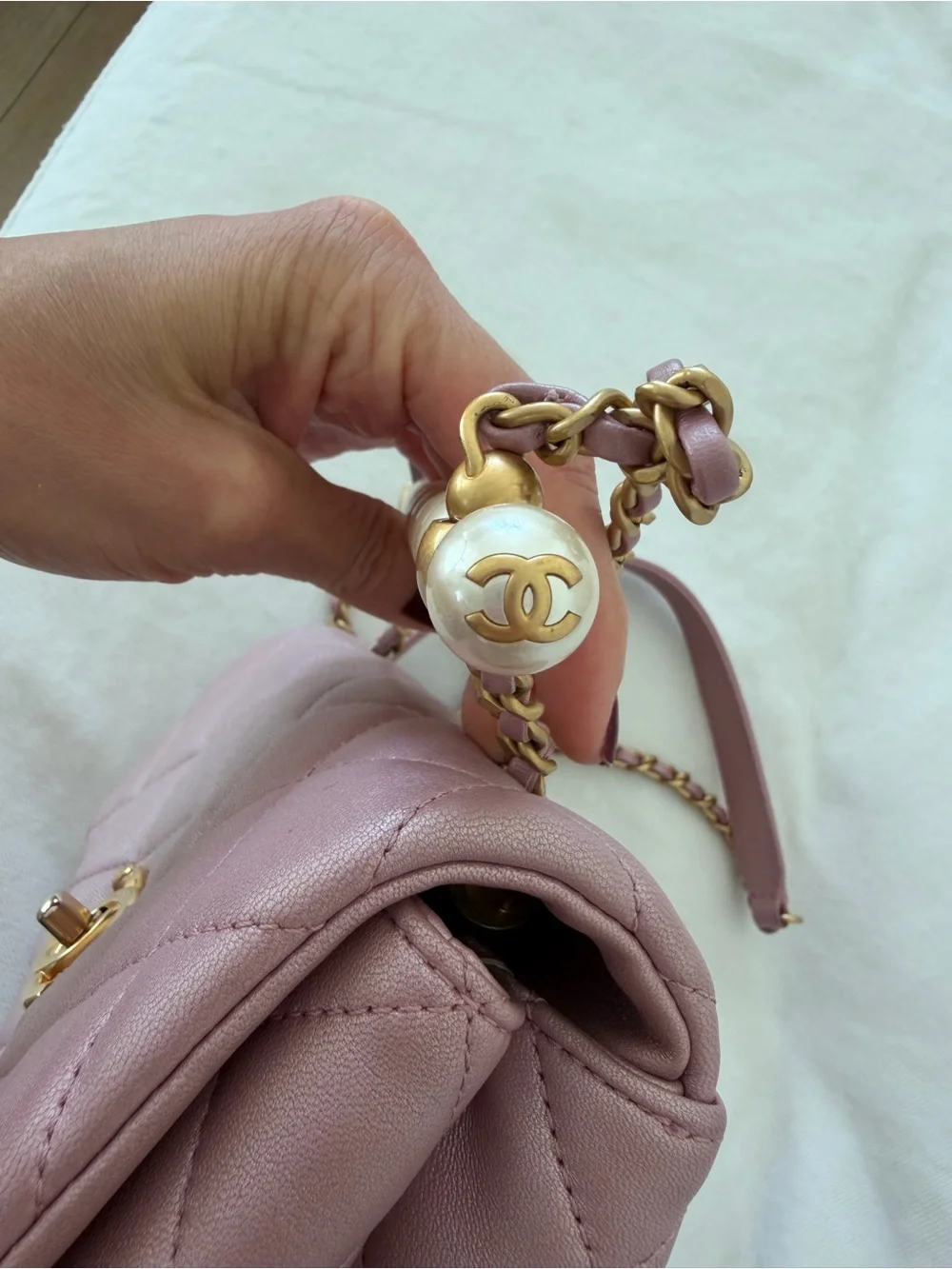 Authentic CHANEL Quilted Mini Pearl Flap Bag in Pale Pink